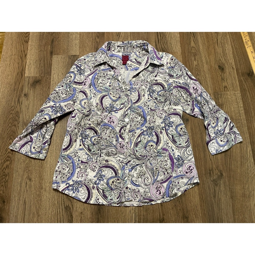 212 Collection Shirt, Women's PM, Purple White Black, Floral Paisley, Button Up